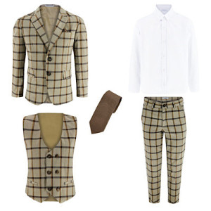 Samli Jack Beige & Brown Check 7PC Suit 11-14