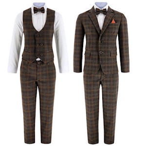 Samli George Brown Plaid 7PC Suit 11-14