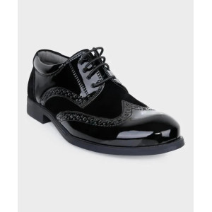 Boys Patent Leather & Suede Lace Up Brogue Derby Shoes - Black