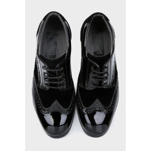 Boys Patent Leather & Suede Lace Up Brogue Derby Shoes - Black