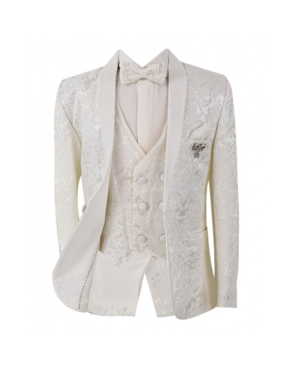 Boys Slim Fit Patterned Suit 5pc – Ivory