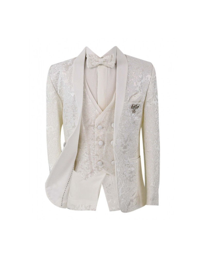 Boys Slim Fit Patterned Suit 5pc – Ivory
