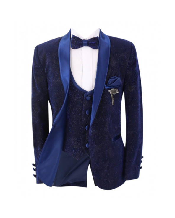 Boys Slim Fit Patterned Suit 5pc – Blue